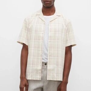 Club Monaco Cream Plaid Casual Button Down short sleev Shirt linen cotton blend